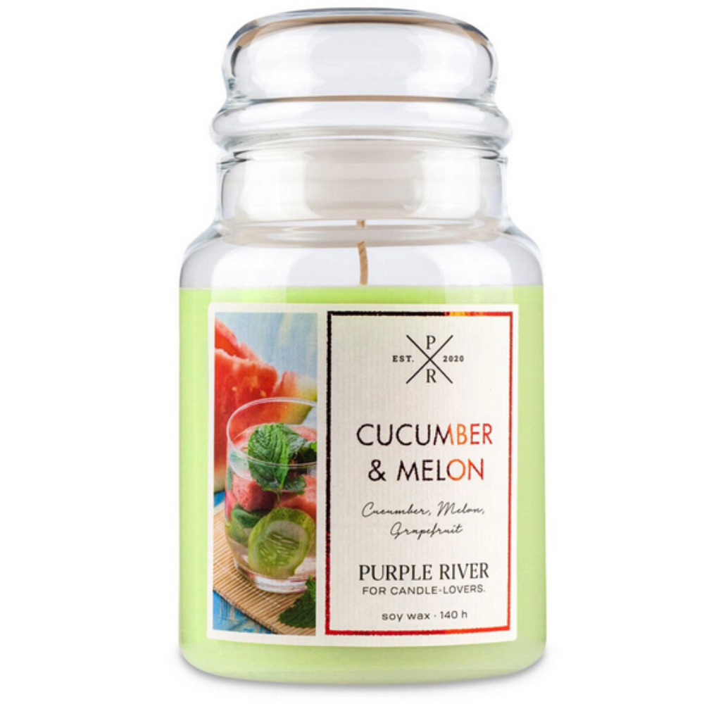 Bougie parfumée de soja en verre Purple River 623 g - Cucumber Melon