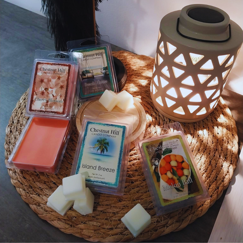 Brûleur électrique Canopy GEO beige Candle Warmers avec fondant parfumé Chestnut Hill Candle Company 85g – ambiance élégante et raffinée