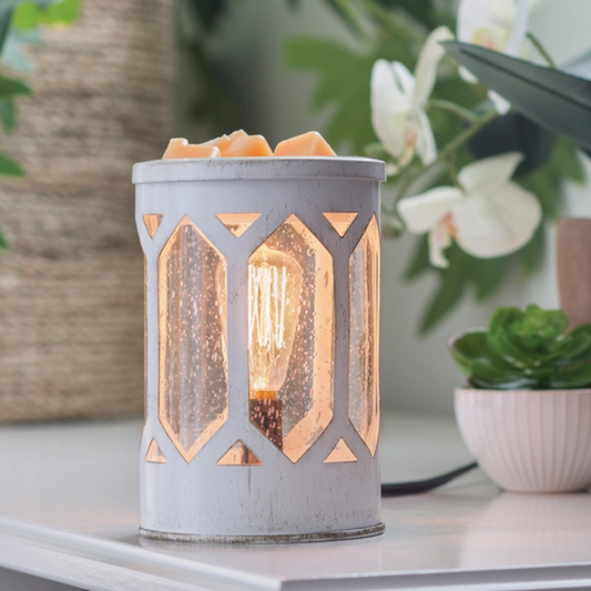 Lampe chauffe-cire Arbor Edison – détail design métal blanc et verre pour ambiance cosy