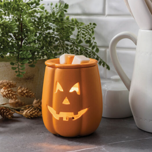 Lampe chauffe-cire Citrouille Souriante Halloween â dĂ©tail visage joyeux et motif automnal