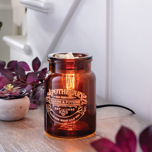 Lampe chauffe-cire Edison Bocal d’Apothicaire – détail design verre ambré et ampoule Edison