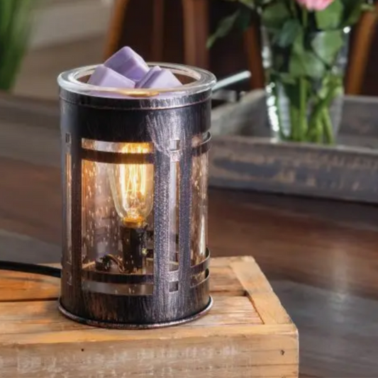 Lampe chauffe-cire Edison Mission – détail design métal et ampoule Edison autoportante