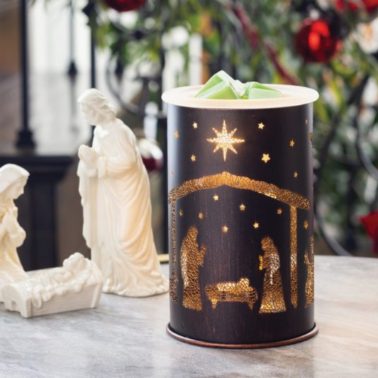 Lampe chauffe-cire Nativité – détail design métal et scène de Noël chaleureuse