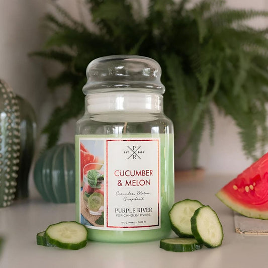 Bougie parfumée de soja en verre Purple River 623 g - Cucumber Melon