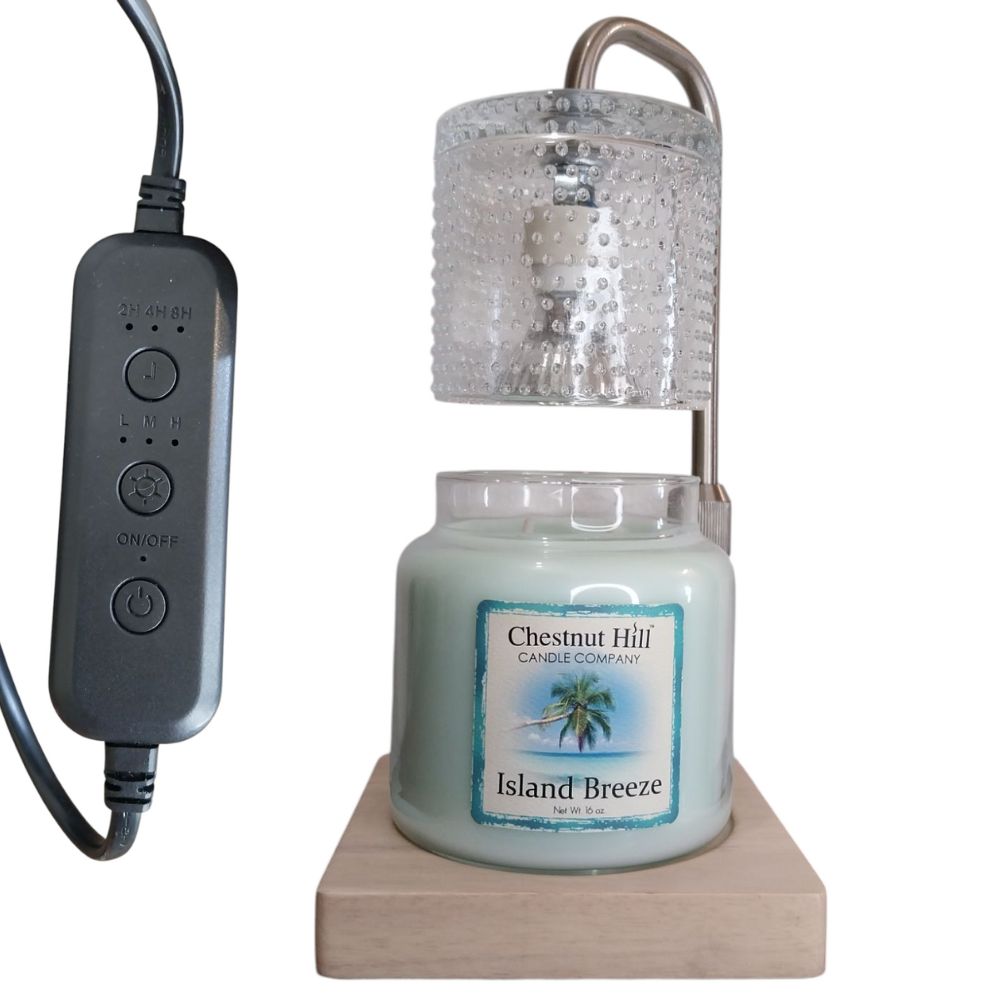 Lampe chauffe bougie Candle Warmers silver hobnail 35W avec bougie Chestnut Hill 450g, minuterie 2 4 8 heures, puissance reglable, prise EU