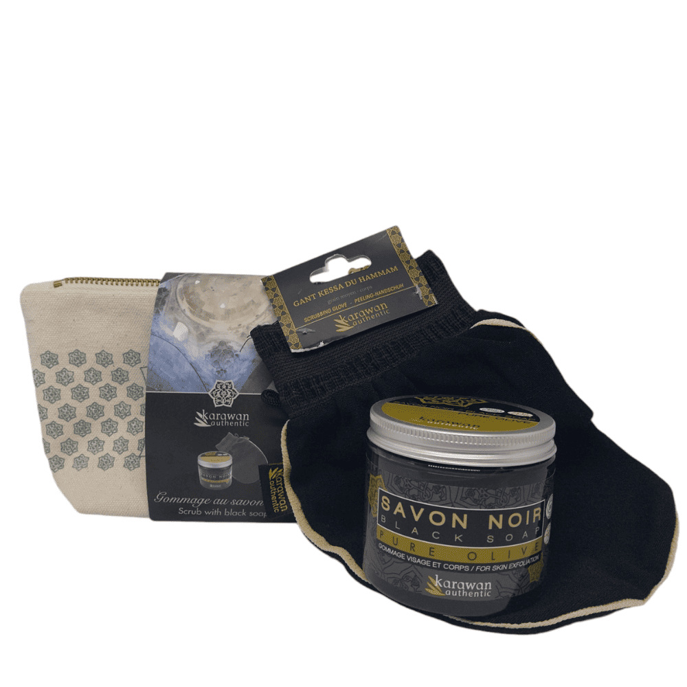 Petite trousse cadeau bien-être Hammam- Gommage  au savon noir Déco et Senteur du Monde