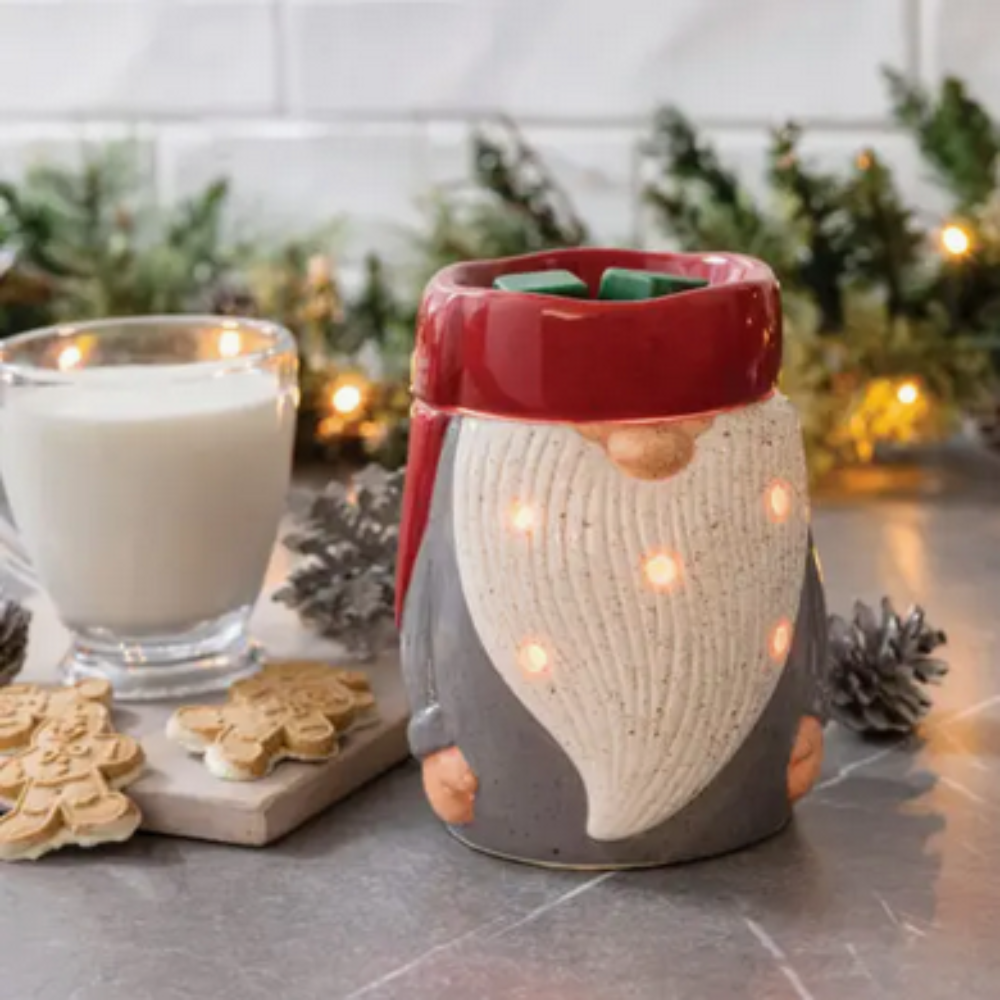 Lampe chauffe-cire Gnome – détail design céramique avec chapeau et barbe pour ambiance de Noël