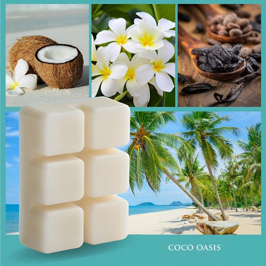 Fondant Coco Oasis 70 g avec illustration évoquant noix de coco, tiaré et tubéreuse pour une atmosphère chaleureuse et relaxante