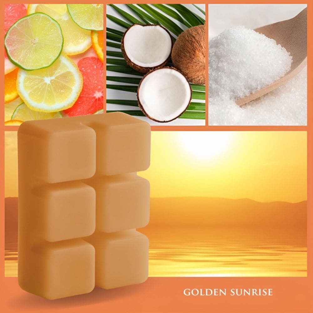 Fondant Golden Sunrise 70 g avec illustration des parfums orange, mandarine, pamplemousse rose et baies sauvages pour une atmosphère radieuse et vivifiante