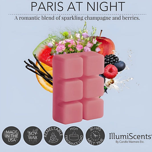 Fondant Paris At Night 70 g avec illustration des parfums de baies, pêche, pastèque et canne à sucre pour une atmosphère séduisante et chaleureuse