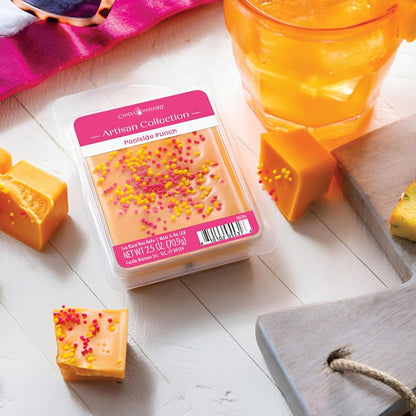 Fondant Poolside Punch 70 g avec illustration évoquant mandarine, fruit de la passion et canne à sucre pour une atmosphère tropicale et ensoleillée