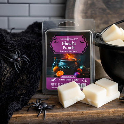 Fondant Punch du Goule 70 g avec illustration des parfums agrumes, fraises, mandarine, prune et vanille pour une ambiance amusante et terrifiante