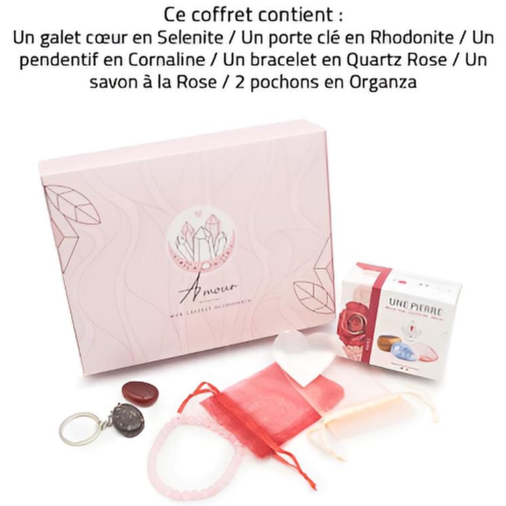 Coffret Découverte Amour avec pierres, bracelet, savon rose et description complète du contenu