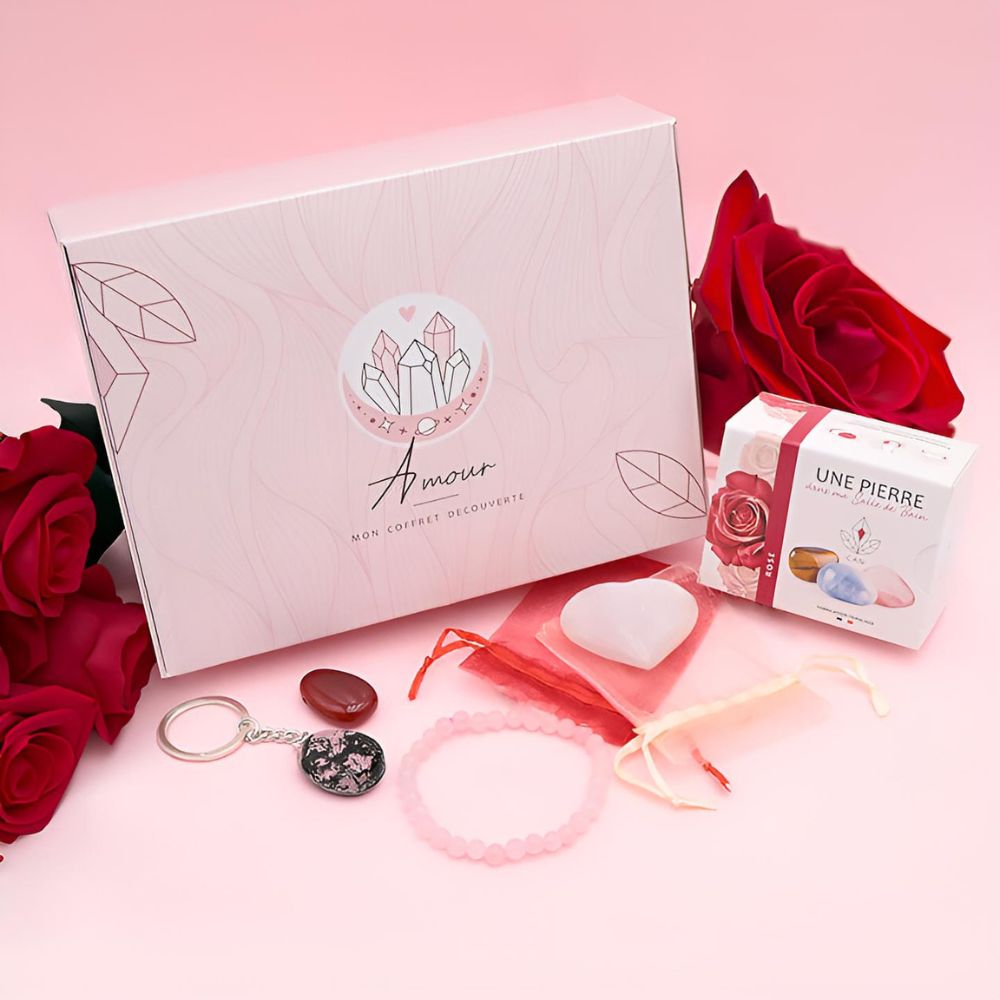 Coffret Découverte Amour avec pierres naturelles, bracelet et savon rose