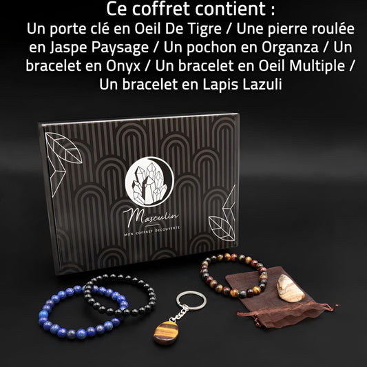 Coffret Découverte Masculin avec pierres, bracelets, porte-clé et description complète du contenu