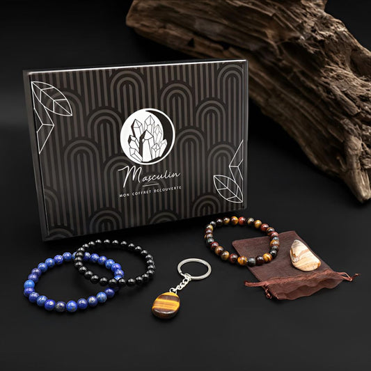 Coffret Découverte Masculin vue d’ensemble avec pierre et accessoires bien-être