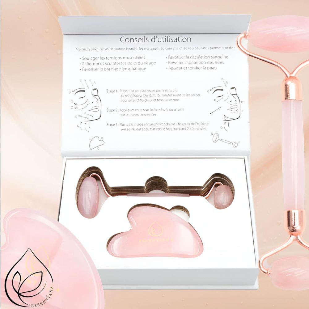 Coffret bien-être Quartz Rose avec rouleau de massage et gua sha dans son emballage