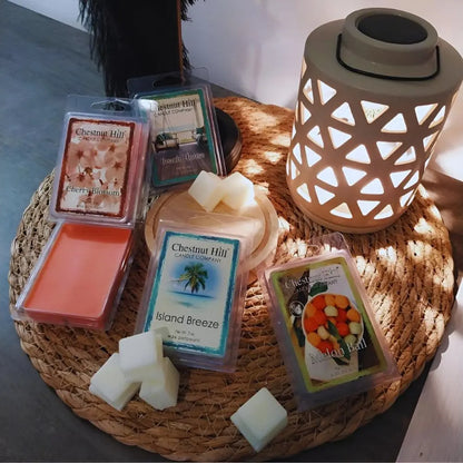 Collection cires de soja parfumées Chestnut Hill 85 g accompagnées de la lampe chauffe-cire Candle Warmers Canopy Geo Beige pour diffusion sécurisée, disponibles chez Déco et Senteur du Monde