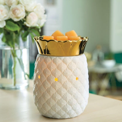 Lampe chauffe-cire parfumée électrique PINEAPPLE blanc/or - CANDLE WARMERS® Déco et Senteur du Monde