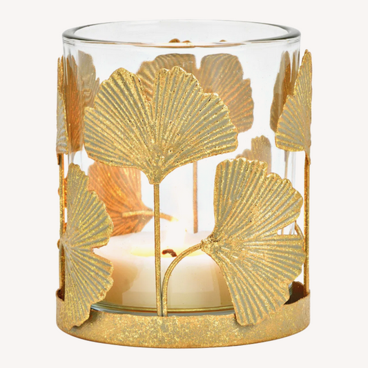 Photophore Ginkgo en métal/verre or