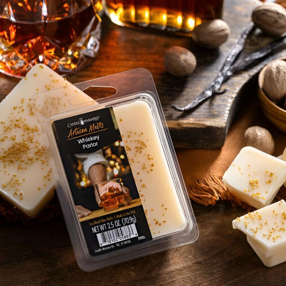 Fondant Whiskey Parlor avec illustration de parfum bourbon, vanille et épices pour une ambiance raffinée