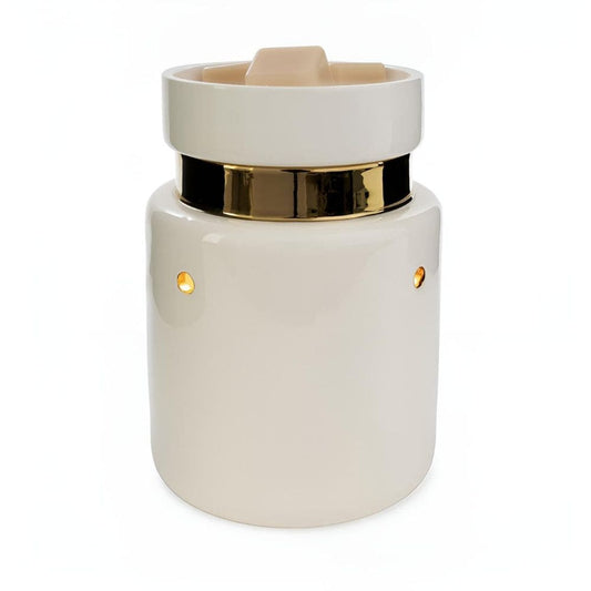 Lampe chauffe-cire électrique Blanc & Doré en céramique brillante avec bande dorée, marque CANDLE WARMERS®, sur fond blanc.
