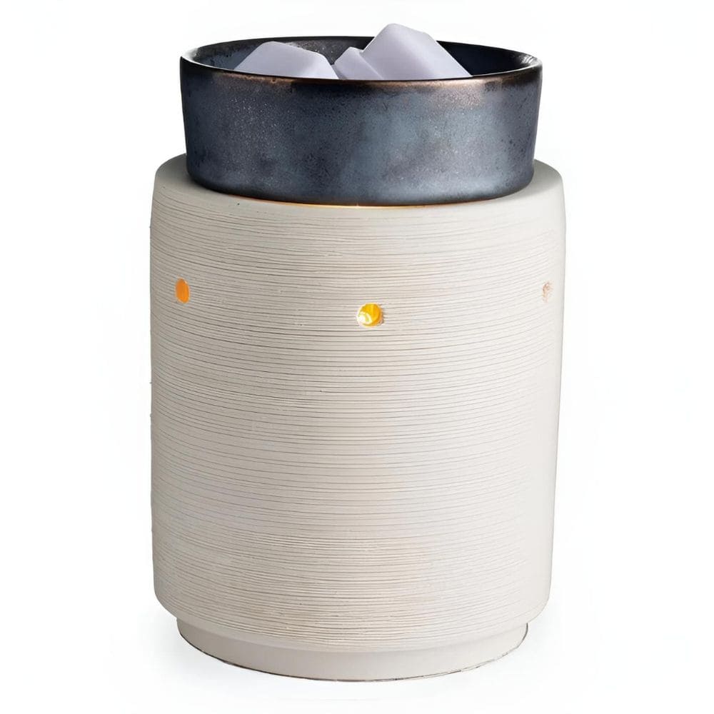 Lampe chauffe cire électrique Argile et Fer en céramique beige cannelée avec coupelle anthracite, marque CANDLE WARMERS.