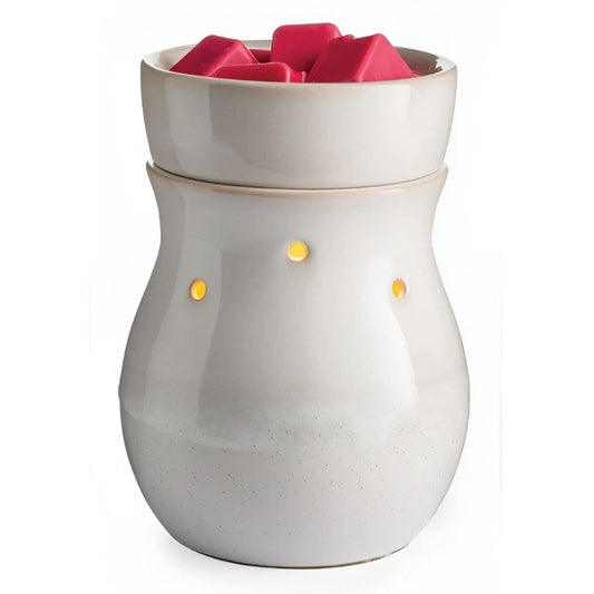 Lampe chauffe cire électrique Blanc Givré en céramique irisée, marque CANDLE WARMERS, sur fond blanc.