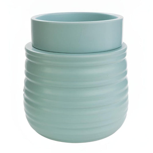 Photographie sur fond blanc de la lampe parfumée électrique turquoise en céramique réactive avec sa coupelle amovible assortie.