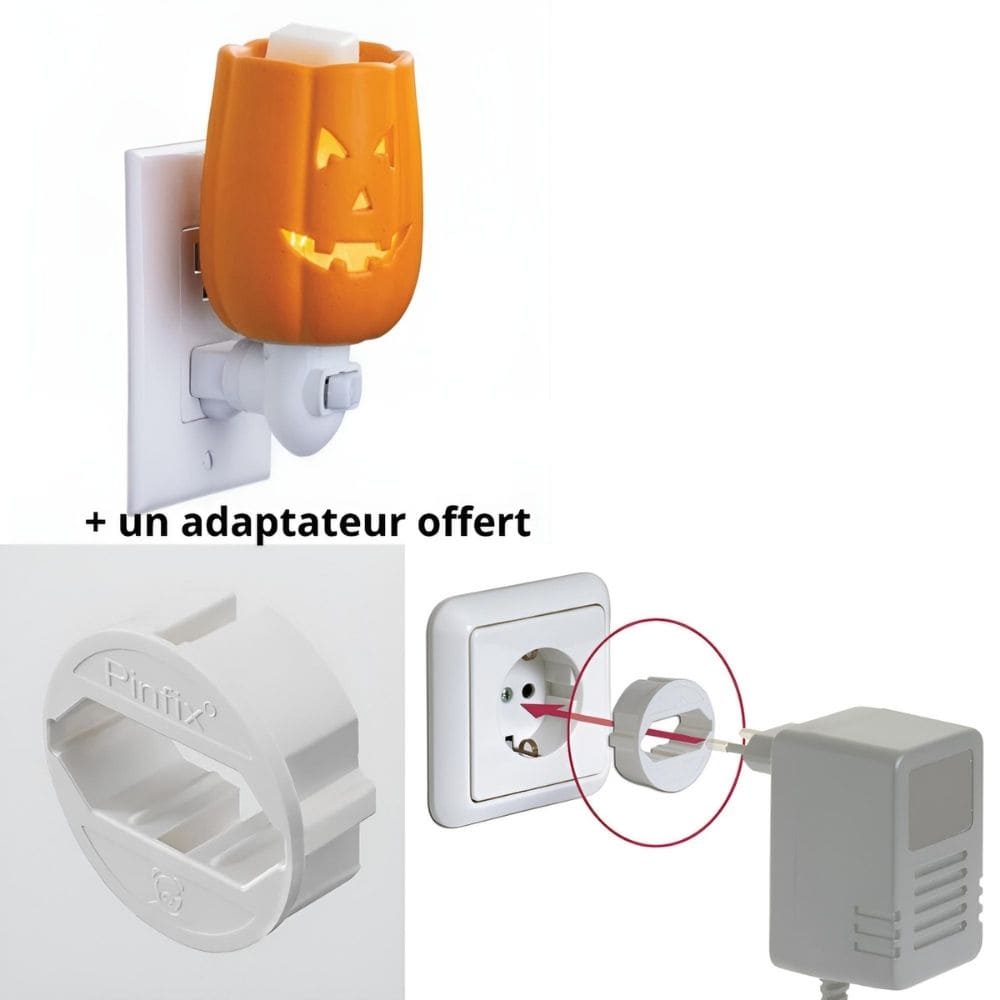 Zoom sur l'adaptateur de prise pour stabiliser la lampe murale à parfum électrique Jack O'Lantern.